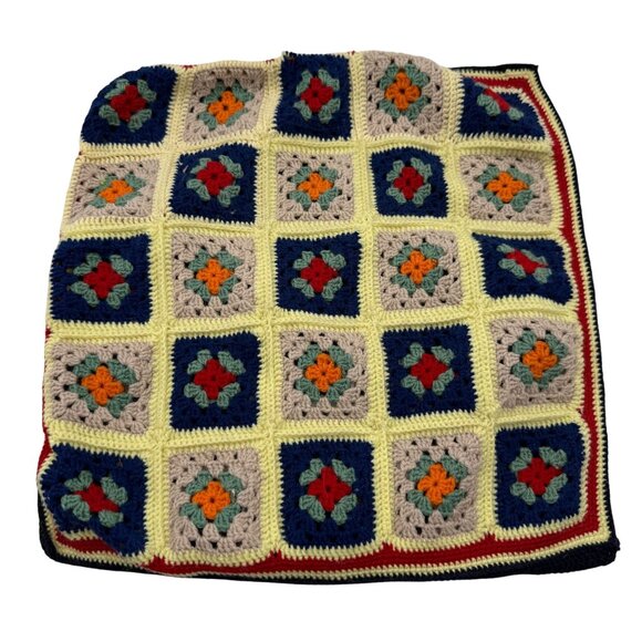 Vtg 70s Granny Square Hand Crocheted Throw Pillow Cover Boho Grandmacore 12 In - Picture 1 of 8